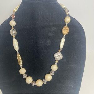 Vintage Boho Beaded Necklace in Ivory, Gold, Copper and Silver Tones